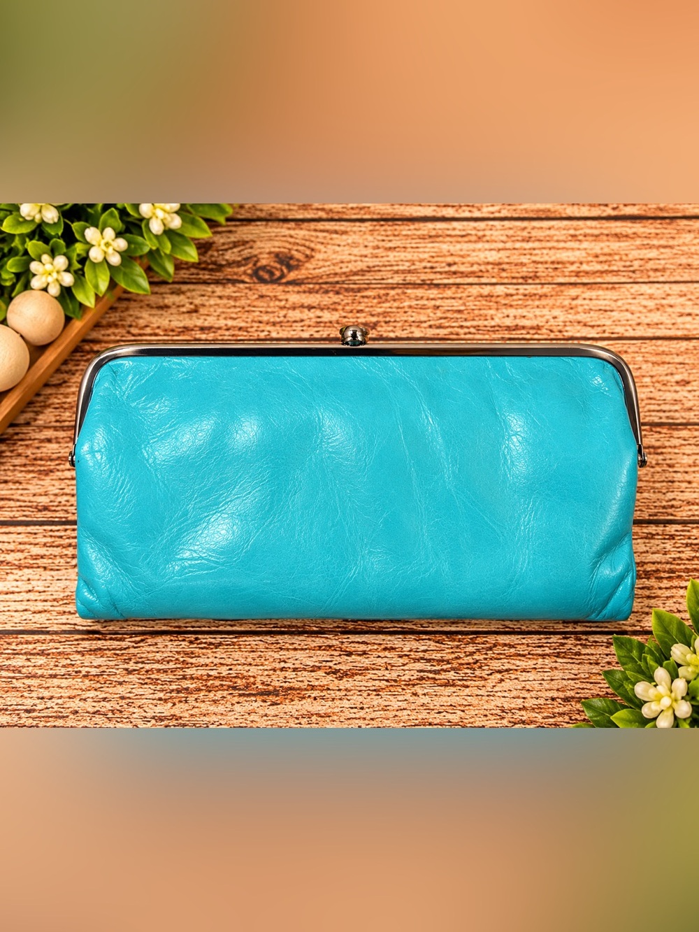 HOBO Lauren Turquoise Aqua Leather Double Frame Kiss Lock Clutch Wallet